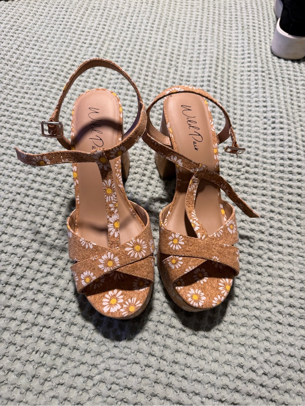 Wild Pair Brown Daisy Print T-Strap Block Heel Sandals